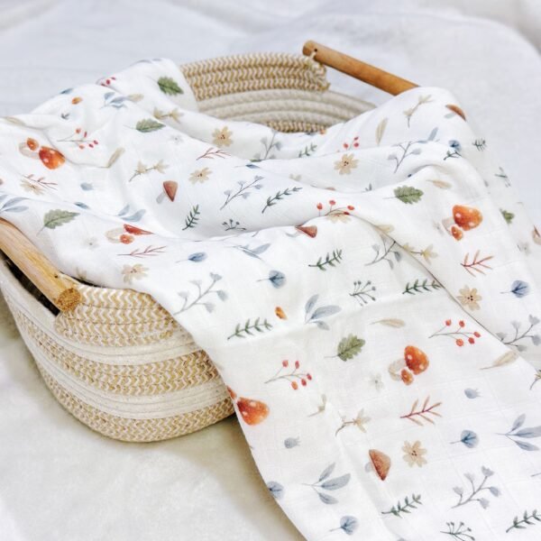 alt="Woodland Whimsy Bamboo Swaddle Singapore – breathable forest baby blanket"